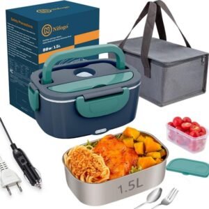 Fiambrera eléctrica con calentador de alimentos, fiambrera con autocalentamiento de 80W, 12V / 24V / 220V (1,5L / 1,8L)con bolsa aislante, mantiene la comida caliente en cualquier lugar